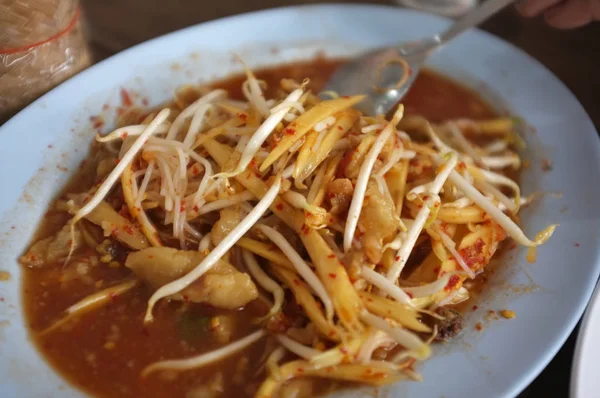 Papaya Spicy Salad Vermicelli Fermented Fish Pickled Fish Crispy Pork — Stock Photo, Image