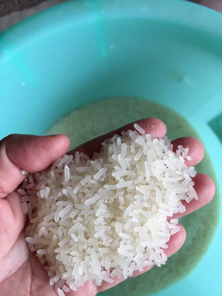 Belo fundo. Mão feminina segurando arroz não cozido  . — Fotografia de Stock