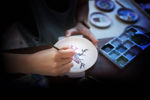 Professional Female Potter Examining Paint Ceramic Handle Workshop Studio Handmade — Stock Photo, Image