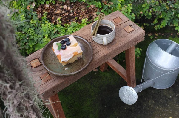 Café Con Trozo Pastel Mesa Madera Concepto Tiempo Relax Copiar — Foto de Stock