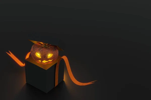 Renderowania Halloween Dyni Tajemniczej Czarnej Skrzynce Koncepcja Otwarta Pudełko Duch — Zdjęcie stockowe