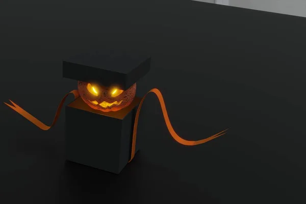 Rendering Halloween Pumpkin Mysterious Black Box Concept Open Gift Box — Stock Photo, Image