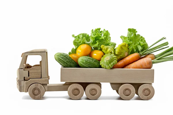 Wooden Toy Truck Large Trailer Carries Vegetables Studio Shot Isolated — Stock Photo, Image