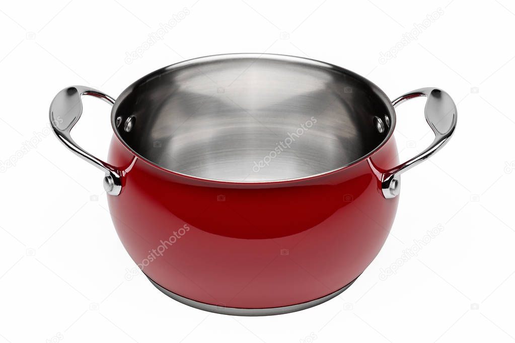 New red saucepan without lid, isolated on white background. Studio shot, copy space.