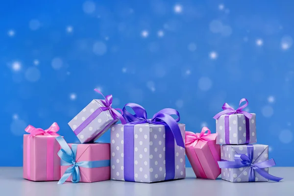 Conjunto Cajas Papel Elegante Decoradas Con Cintas Lazos Festivo Azul — Foto de Stock