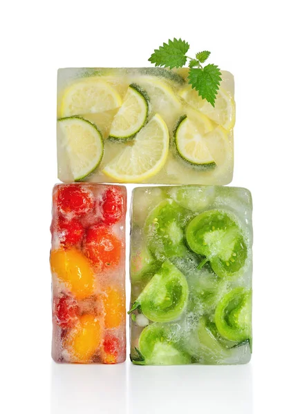 Frozen Food Concept Red Yellow Green Tomatoes Lemon Lime Were — Stock Photo, Image