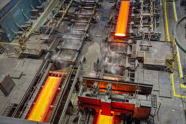Novokuznetsk, Russia, June 4, 2019. Excursion to metallurgical plant EVRAZ ZSMK. Oxygen converter shop. View down on panorama of production.