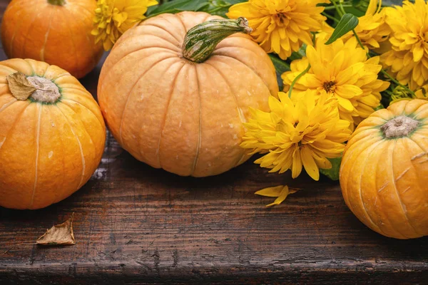 Feestelijke Pompoenen Gele Herfst Bloemen Oude Oppervlakte Oktober Halloween Ruimte — Stockfoto