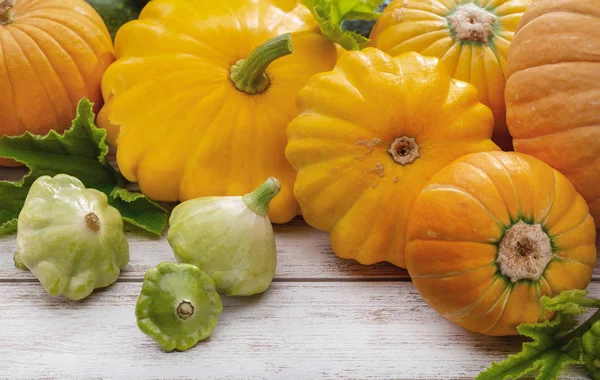 Set Verdure Famiglia Zucca Una Vecchia Superficie Legno Bianco Zucche — Foto Stock