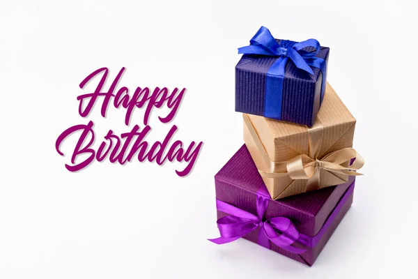 Happy Birthday Set Vertical Boxes Gifts Surprises Packed Elegant Paper — Stock Photo, Image