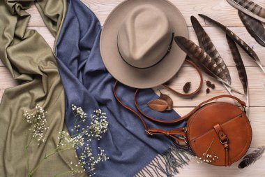 Kaşmir atkı, şapka, yuvarlak deri çanta, retro kamera, kartal tüyü. Kadın aksesuarları. Stüdyo hala hayat.