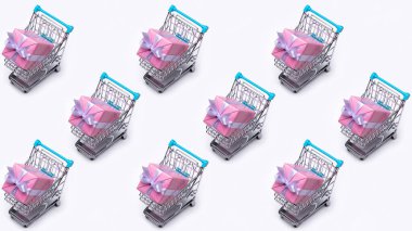 Arkaplan modeli. Pembe kağıda sarılı, büyük bir kutuda hediyeler olan bir alışveriş arabası. Beyaz arkaplan.