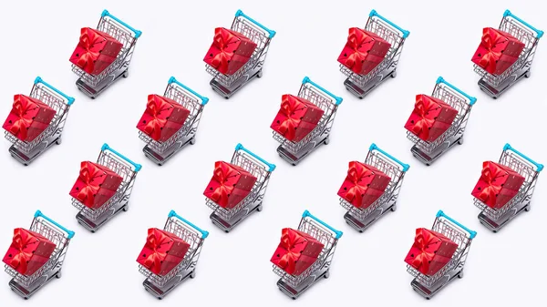 Wzór Tła Koszyk Zabawka Klonowany Prezentami Czerwonych Pudełkach Przestrzeń Kopiowania — Zdjęcie stockowe