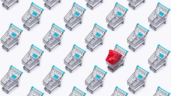 Bevásárlókocsi Játék Klónozott Ajándék Piros Csomagolásban Egy Kosárban Kedvezmények Értékesítés — Stock Fotó