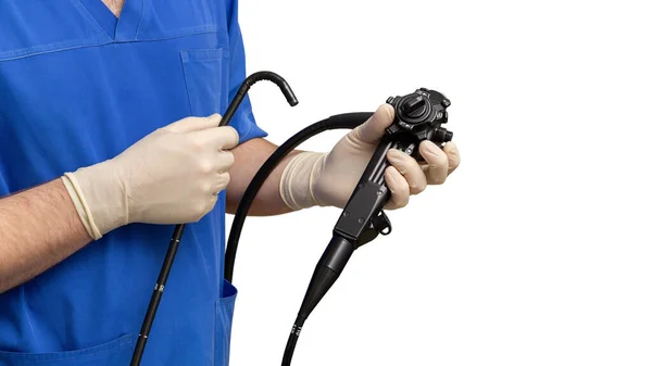 Médico Gastroenterologista Masculino Segurando Endoscópio Com Mãos Luvas Proteção — Fotografia de Stock