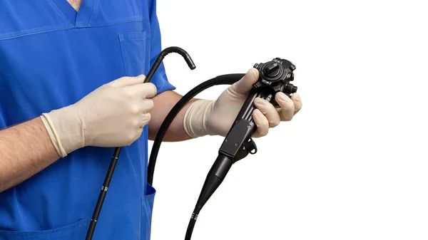 Male Doctor Gastroenterologist Holding Endoscope His Hands Protective Gloves — Stock Photo, Image