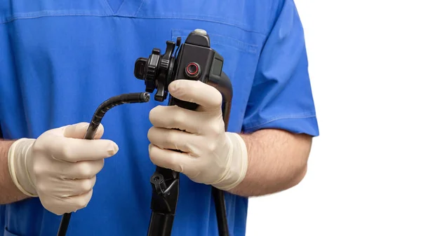 Endoscópio Nas Mãos Médico Instrumentos Médicos Utilizados Gastroscopia — Fotografia de Stock