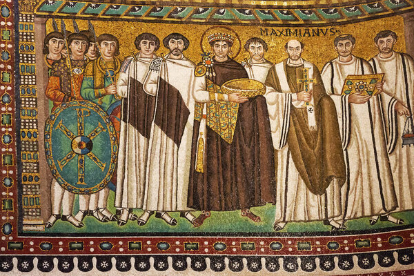 Ravenna, Italy - September 19, 2018: Byzantine mosaic of Emperor Justinian and his retinue. Mosaic from Basilica San Vitale in Ravenna.