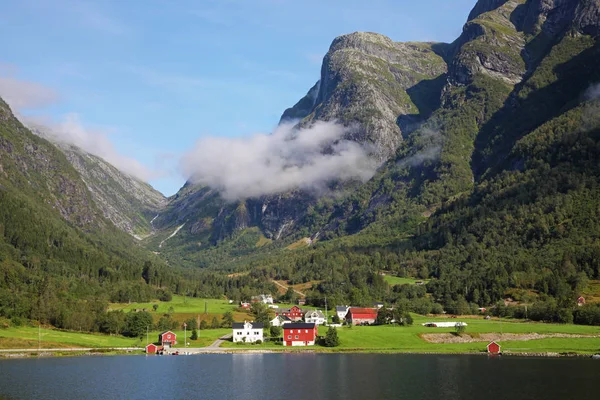 Színes Házak Egy Norvég Fjord Ban Teljes Nyáron — Stock Fotó