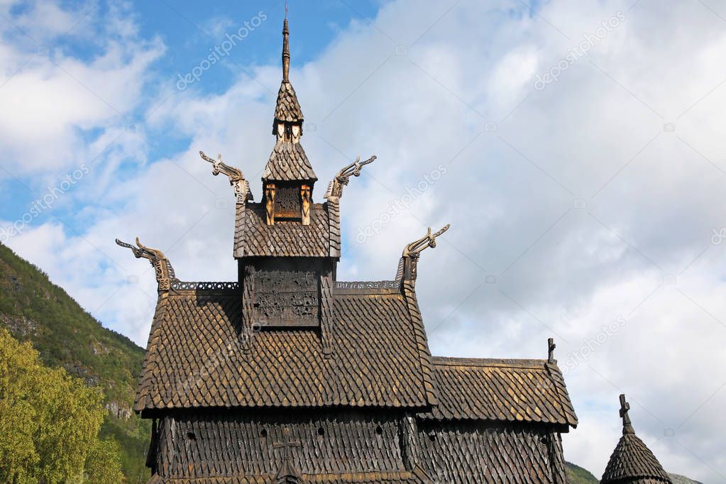 Roof of Borgund stavkirke in Norway. The roof of an ancient wooden church almost 900 years old.