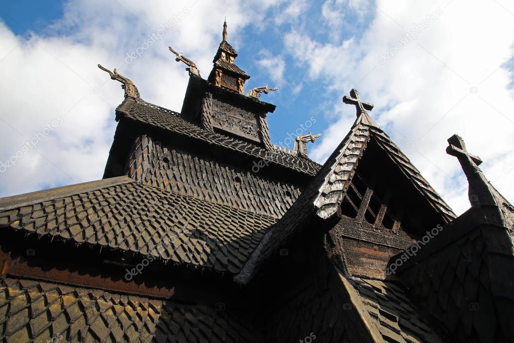 Majesty of Borgund stavkirke in Norway. The roof of an ancient wooden church almost 900 years old.