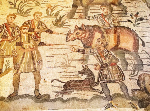 Zrobione Rhino Starożytnej Rzymskiej Mozaiki Sycylia Villa Del Casale Piazza — Zdjęcie stockowe