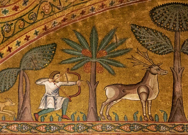 Jäger Und Hirsche Byzantinischen Mosaiken Von Palermo — Stockfoto