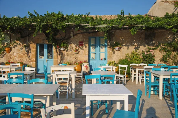 Marzamemi Sicília Itália Agosto 2019 Mesas Livre Restaurante Marzamemi Aldeia — Fotografia de Stock