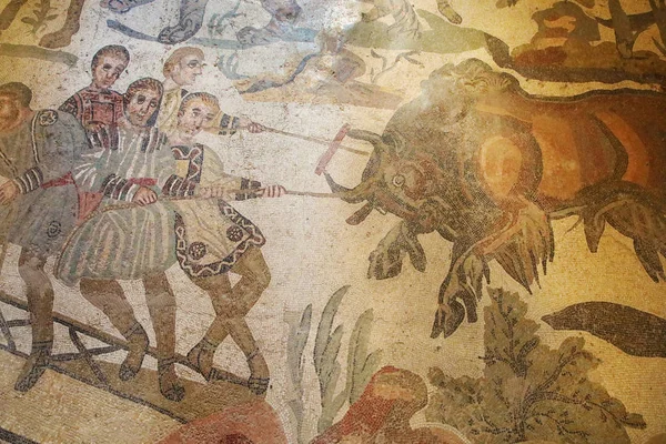 Toro Selvatico Nell Antico Mosaico Romano Sicilia Villa Del Casale — Foto Stock