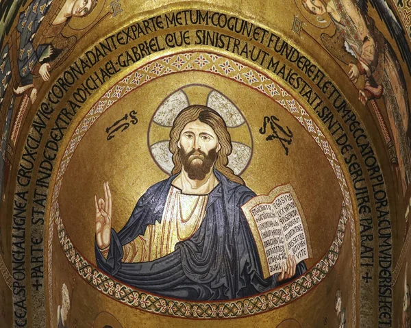 Ancient Mosaic Christ Pantocrator Palatine Chapel Palermo — Stock Photo, Image