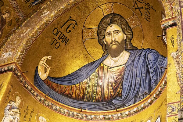 Ancient Mosaic Christ Pantocrator Monreale Cathedral Italy — Stock Photo, Image