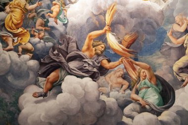 Mantua, İtalya - 17 Eylül 2019: Zeus Palazzo Te, Mantua 'nın devler odasında