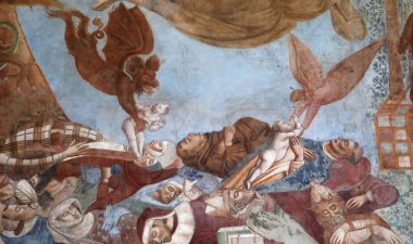 Pisa, İtalya - 4 Temmuz 2019: Melekler ölülerin ruhlarını alan iblisler. Pisa 'nın Camposanto' sunda bir freskin ayrıntıları,