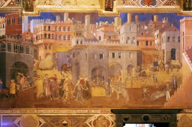 Pisa, İtalya - 29 Haziran 2019: Siena, İtalya 'da iyi yönetimin alegorisi. Fresco 1338 'de Palazzo Pubblico' da boyanmış..
