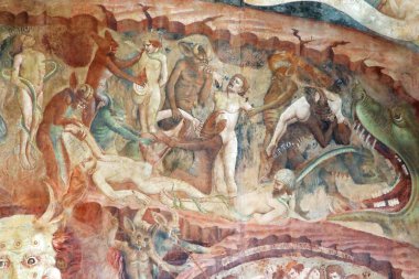 Pisa, İtalya - 4 Temmuz 2019: Toskana freskinde cehennem ve şeytanlar, Pisa Camposanto