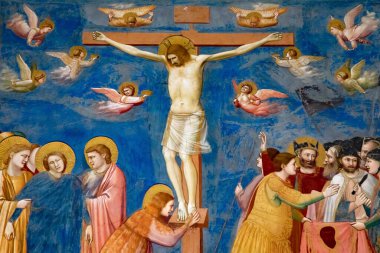 Padua, İtalya - 6 Temmuz 2020: Scrovegni Şapeli 'nde Giotto' nun çarmıha gerilmesinden Ayrıntılar