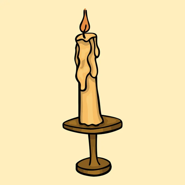 茶色のヴィンテージキャンドルホルダーに落書き漫画孤立した燃えるキャンドル — ストックベクタ