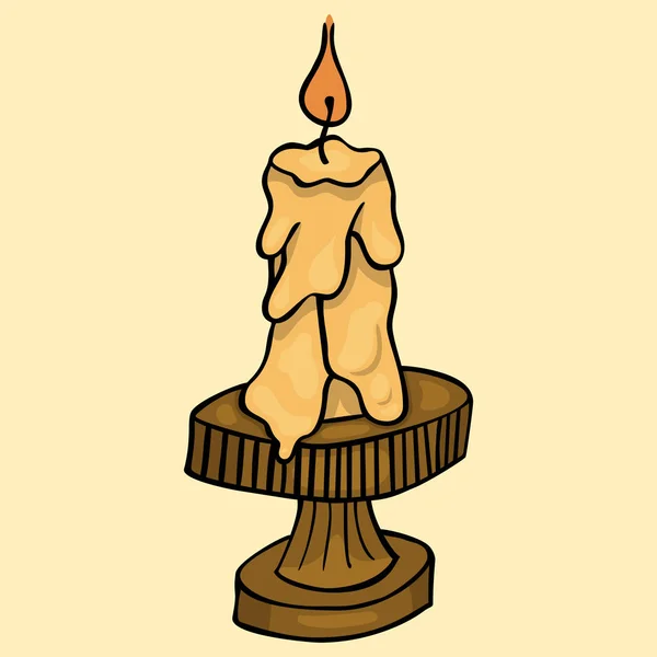 Doodle Cartoon isoliert brennende Kerze auf braunen Vintage-Kerzenständer — Stockvektor