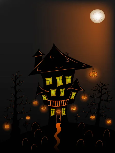 Eng nacht Halloween landschap met huis, bomen, pumplins, kerkhof, zwarte kat en volle maan. Zwart, oranje en geel. — Stockvector