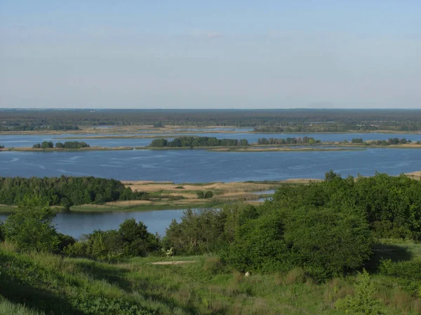 Ландшафтный Фон Зеленый Лес Река Островами Голубое Небо — стоковое фото