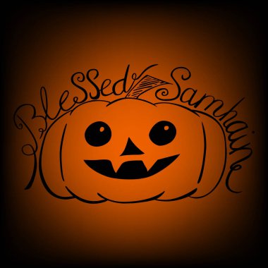 samhain greeting background: jack o'lantern and the blessed samhain lettering clipart