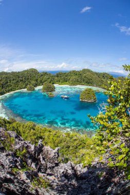 Güzel bir lagün Raja Ampat, Endonezya Adaları kireçtaşı çevrilidir. Bu uzak, tropikal bölge inanılmaz deniz biyoçeşitliliği nedeniyle Mercan Üçgeni kalbinde olarak bilinir.