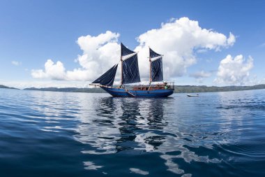 A beautiful Pinisi schooner sails in the calm waters of Raja Ampat, Indonesia. This remote, tropical region is known as the heart of the Coral Triangle due to its incredible marine biodiversity. clipart
