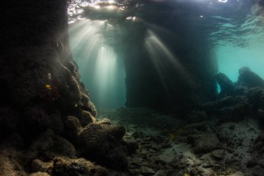 Wakatobi Milli Parkı, Endonezya gölgeli bir iskele altında güneş ışığı parlıyor. Bu alanda şaşırtıcı, biodiverse mercan resif ve tüplü dalgıçlar ve snorkelers için popüler bir yer.