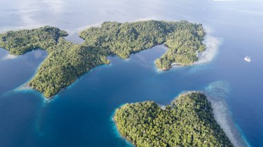 Dramatik kireçtaşı Adaları Raja Ampat, Endonezya, güzel deniz manzarası üzerinden yükselir. Bu uzak bölgede yüksek deniz biyoçeşitliliği nedeniyle Mercan Üçgeni kalbinde olarak bilinir.