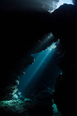 Kirişler güneş ışığı Solomon Adaları'nda bir sualtı mağara gölgeler içine inerler. Biodiverse mercan resifleri bu bölgenin yarıklar, çatlaklar ve mağaraları ile delik deşik.
