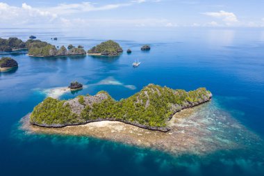 Seen from the air, remote islands are surrounded by healthy coral reefs in Raja Ampat, Indonesia. This biodiverse region is known as the 