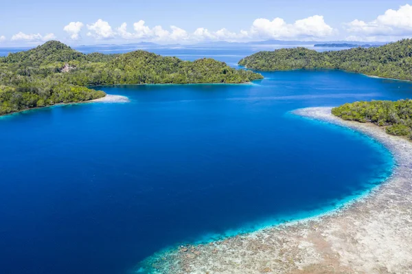 Vzdálený Vápencových Ostrovů Raja Ampat Indonésie Jsou Obklopeny Zdravých Korálových — Stock fotografie