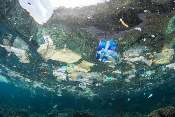 Plastic garbage floats amid the tropical islands of Raja Ampat, Indonesia. Plastics are polluting all of the Earth\'s oceans, killing wildlife and eventually entering the human food chain.