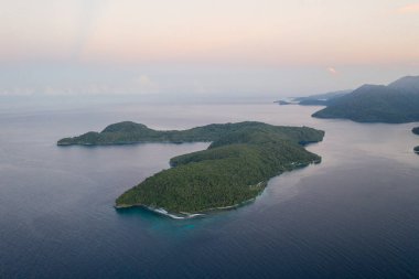 Bir hava görünümünü, tropik ada, yeni İrlanda Papua Yeni Gine güzel, sığ resif büyüme gösterir. Bu uzak bölgede yüksek deniz biyoçeşitliliği nedeniyle Mercan Üçgeni parçasıdır.